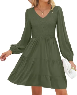 ZESICA Women's Casual V Neck Long Sleeve Smocked High Waist Ruffle A Line Tiered Mini Dress