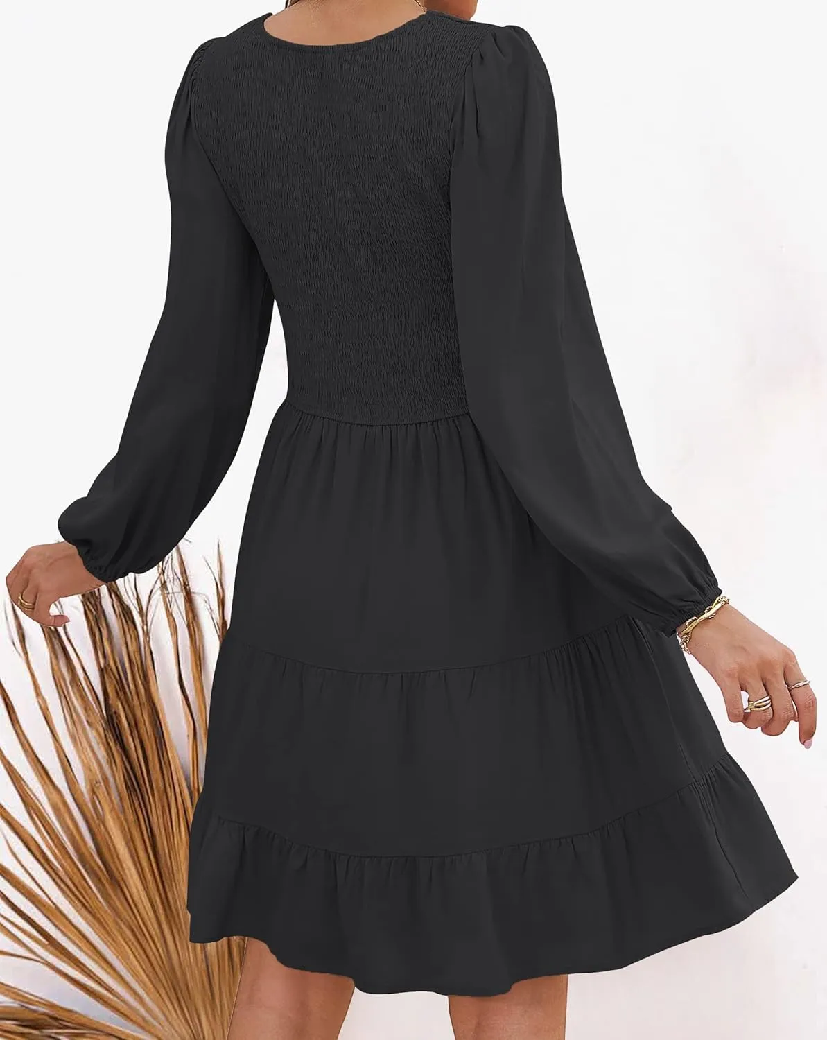 ZESICA Women's Casual V Neck Long Sleeve Smocked High Waist Ruffle A Line Tiered Mini Dress