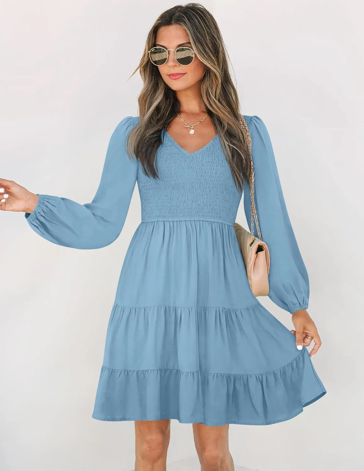 ZESICA Women's Casual V Neck Long Sleeve Smocked High Waist Ruffle A Line Tiered Mini Dress