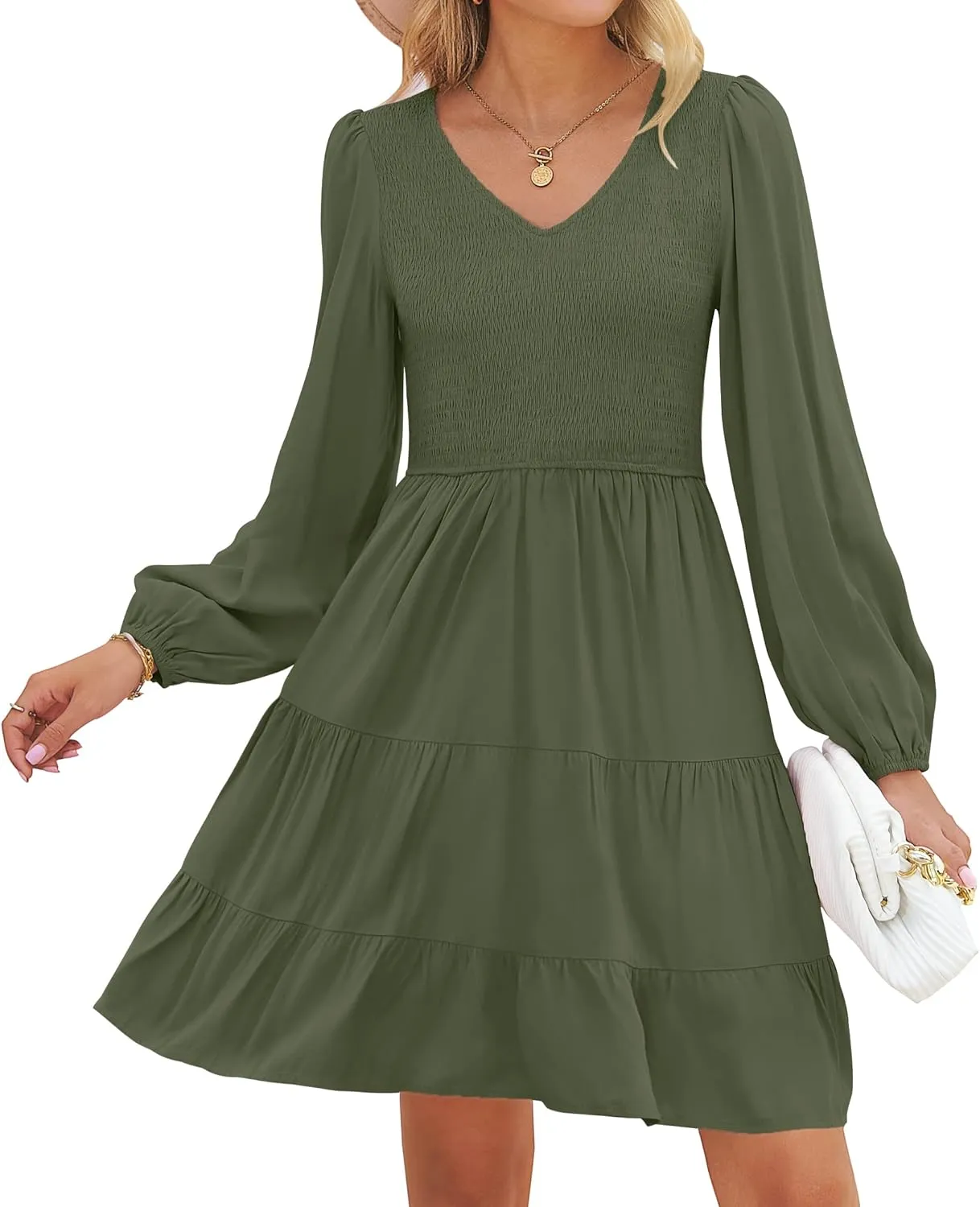 ZESICA Women's Casual V Neck Long Sleeve Smocked High Waist Ruffle A Line Tiered Mini Dress