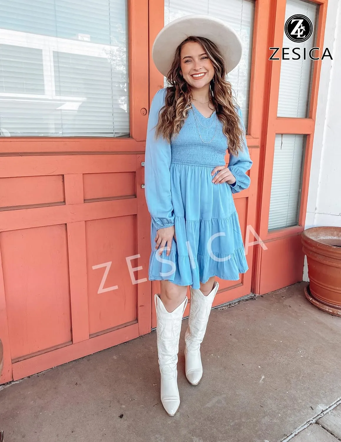 ZESICA Women's Casual V Neck Long Sleeve Smocked High Waist Ruffle A Line Tiered Mini Dress