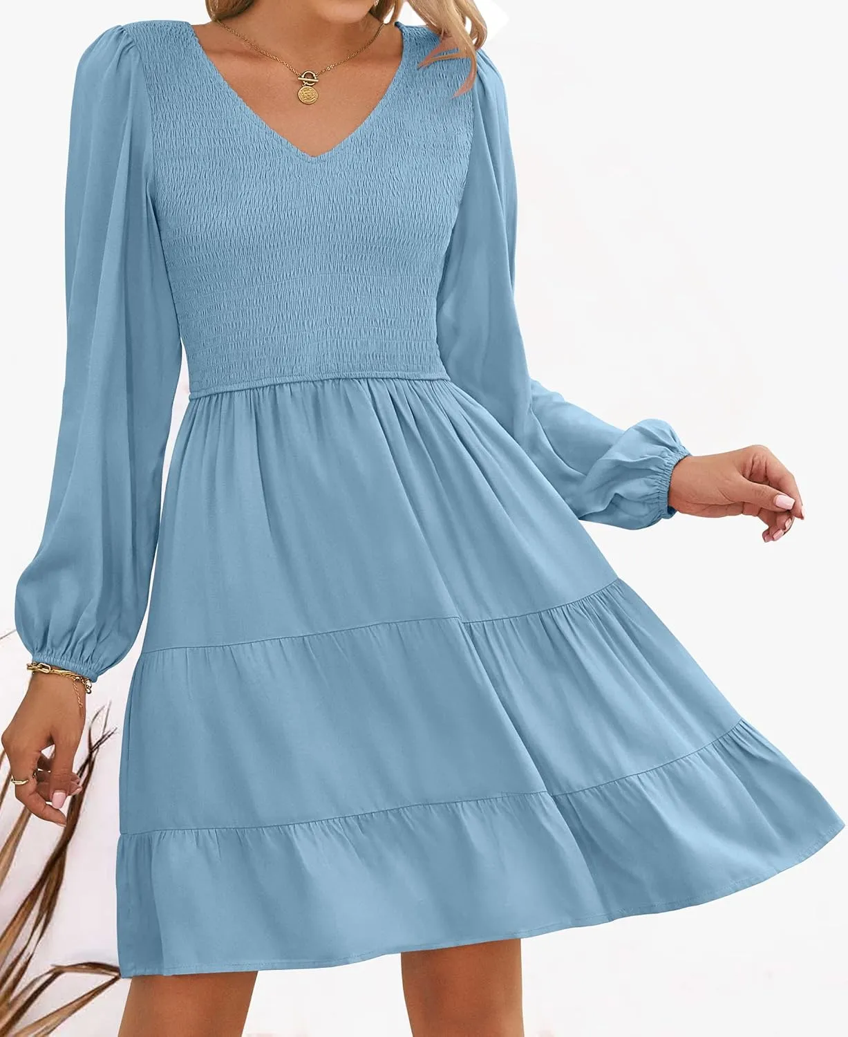 ZESICA Women's Casual V Neck Long Sleeve Smocked High Waist Ruffle A Line Tiered Mini Dress