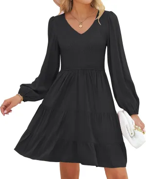 ZESICA Women's Casual V Neck Long Sleeve Smocked High Waist Ruffle A Line Tiered Mini Dress