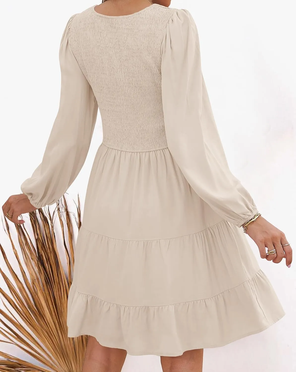 ZESICA Women's Casual V Neck Long Sleeve Smocked High Waist Ruffle A Line Tiered Mini Dress