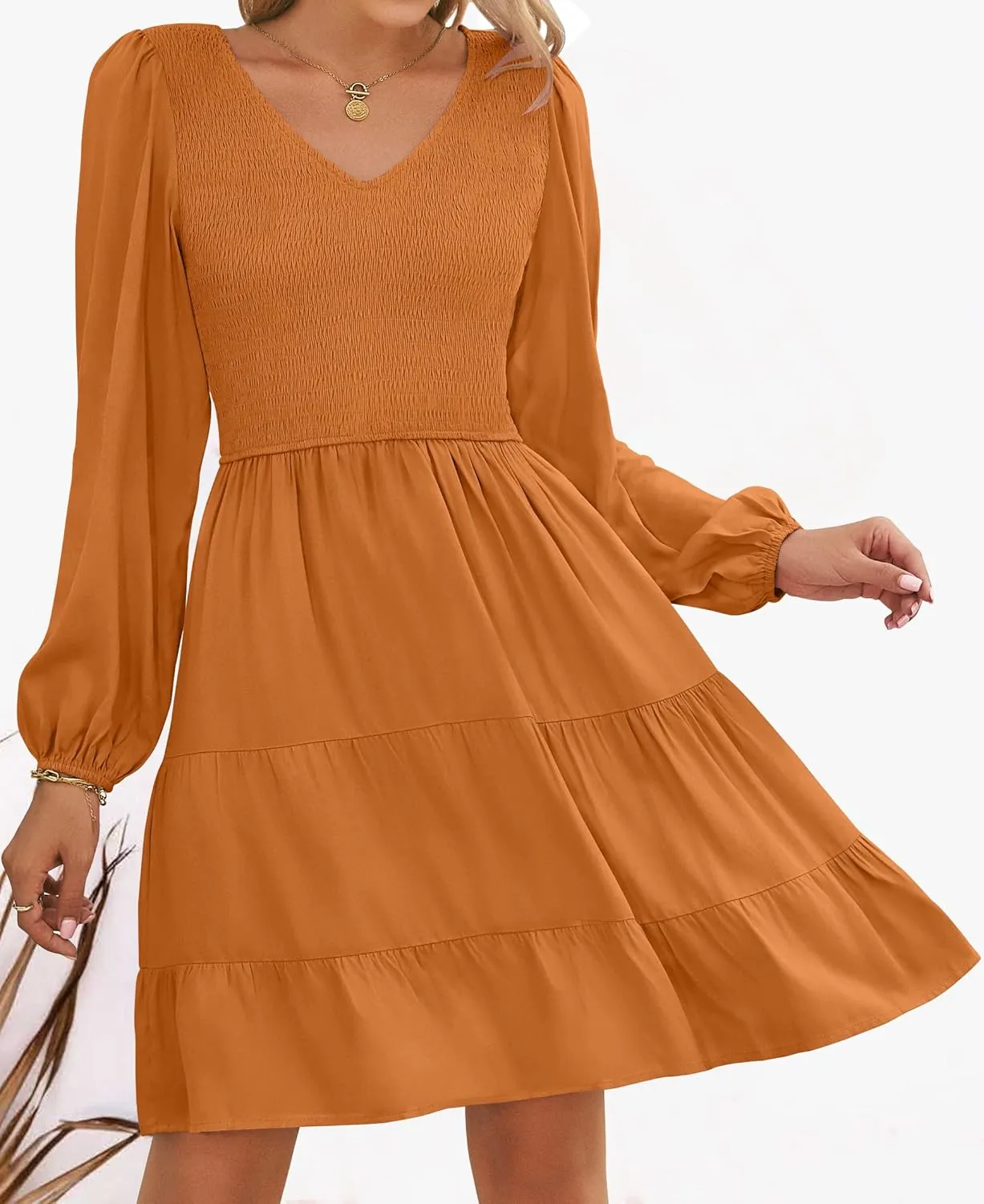ZESICA Women's Casual V Neck Long Sleeve Smocked High Waist Ruffle A Line Tiered Mini Dress