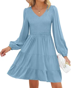 ZESICA Women's Casual V Neck Long Sleeve Smocked High Waist Ruffle A Line Tiered Mini Dress