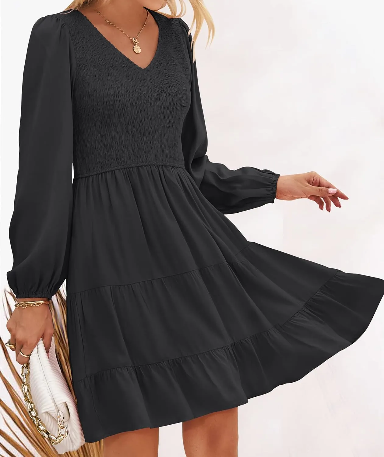 ZESICA Women's Casual V Neck Long Sleeve Smocked High Waist Ruffle A Line Tiered Mini Dress