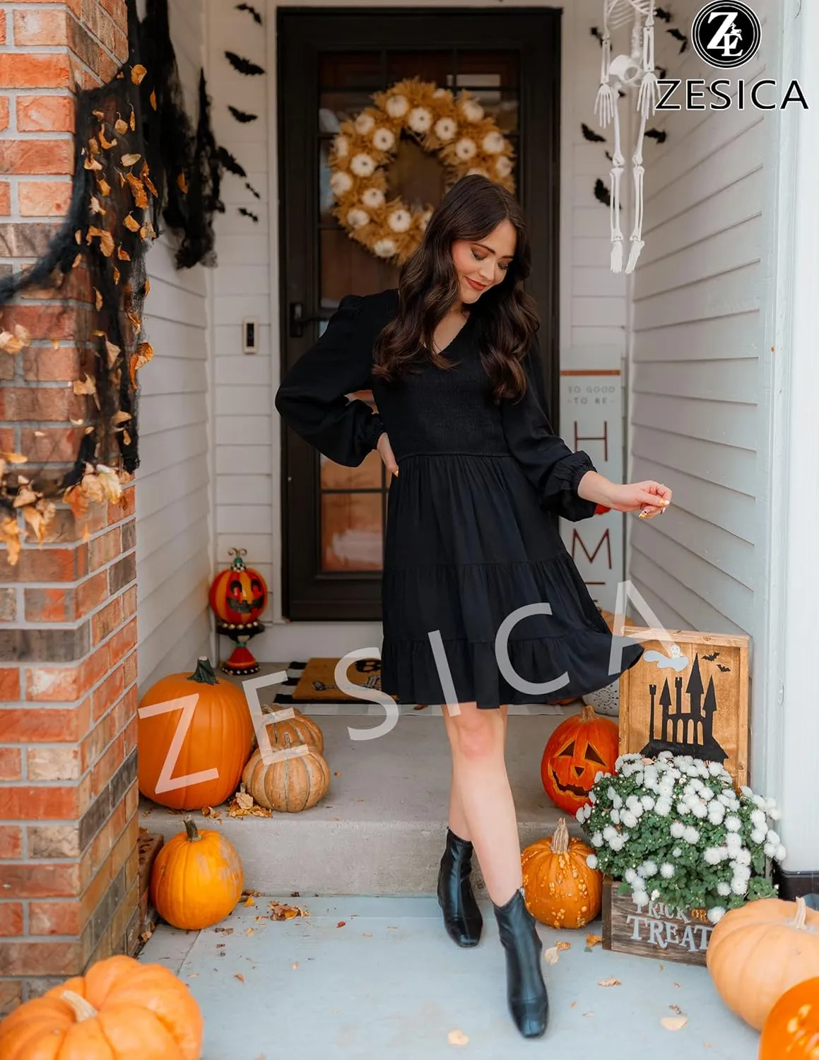 ZESICA Women's Casual V Neck Long Sleeve Smocked High Waist Ruffle A Line Tiered Mini Dress