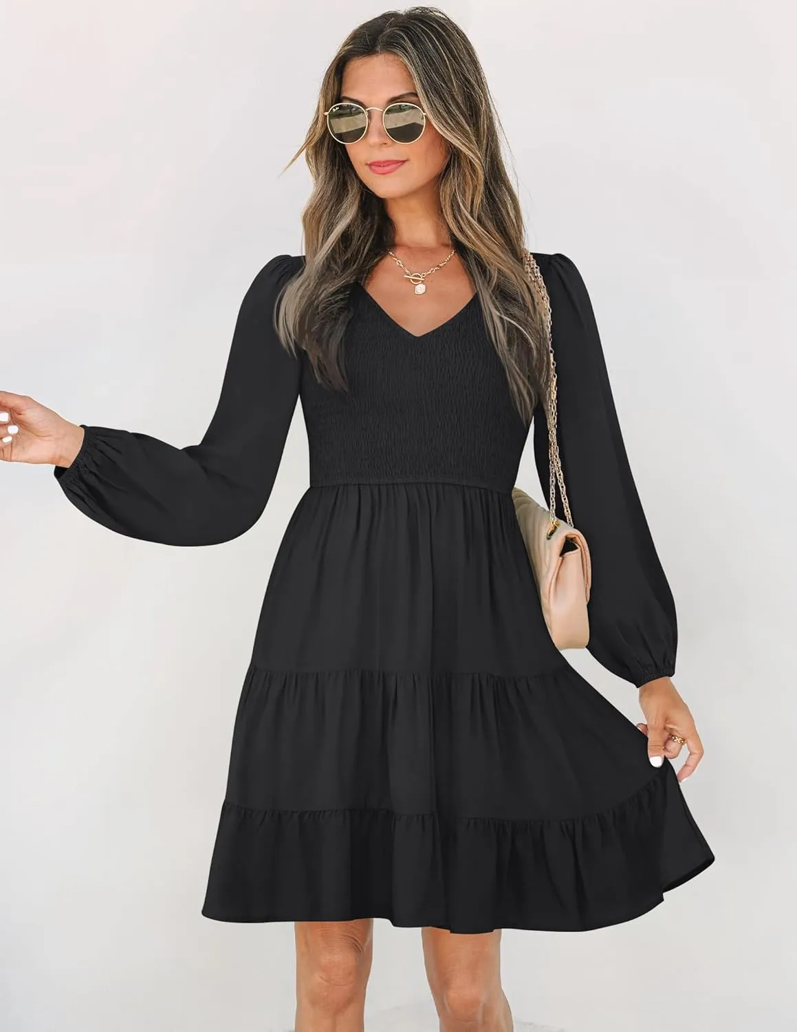 ZESICA Women's Casual V Neck Long Sleeve Smocked High Waist Ruffle A Line Tiered Mini Dress