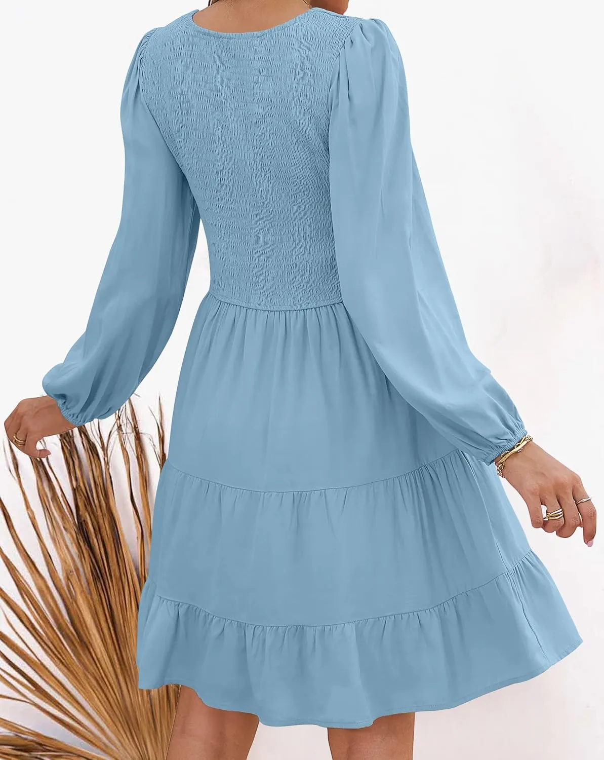 ZESICA Women's Casual V Neck Long Sleeve Smocked High Waist Ruffle A Line Tiered Mini Dress