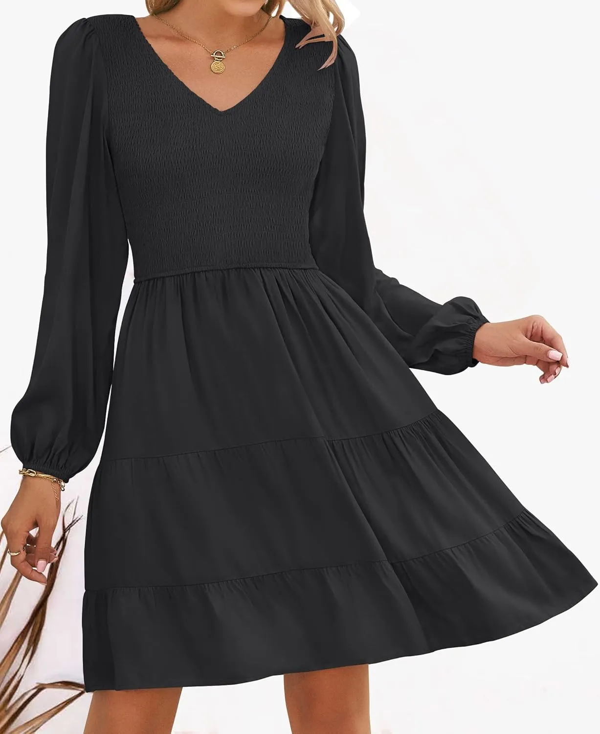 ZESICA Women's Casual V Neck Long Sleeve Smocked High Waist Ruffle A Line Tiered Mini Dress