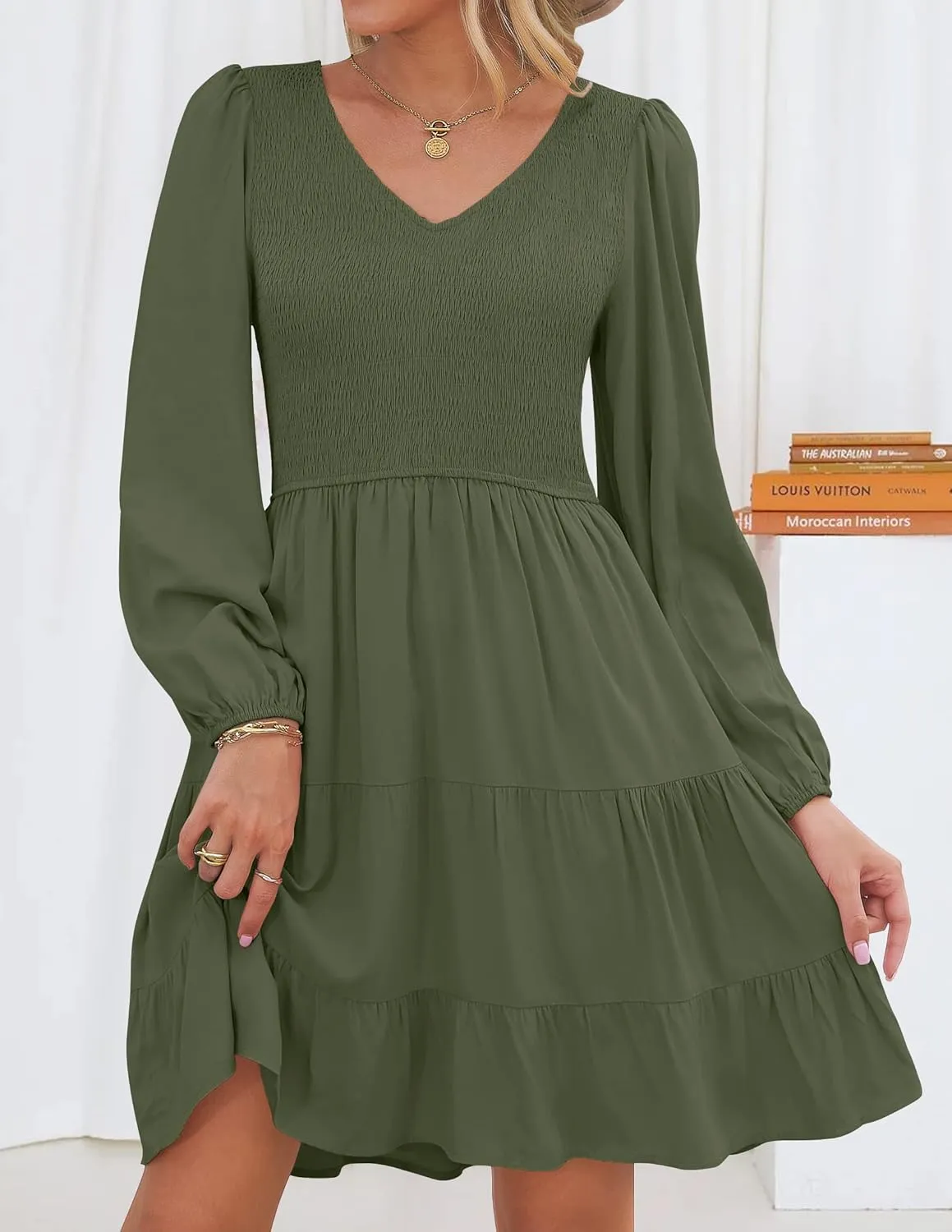 ZESICA Women's Casual V Neck Long Sleeve Smocked High Waist Ruffle A Line Tiered Mini Dress