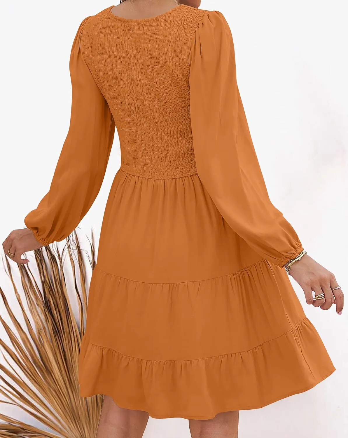 ZESICA Women's Casual V Neck Long Sleeve Smocked High Waist Ruffle A Line Tiered Mini Dress