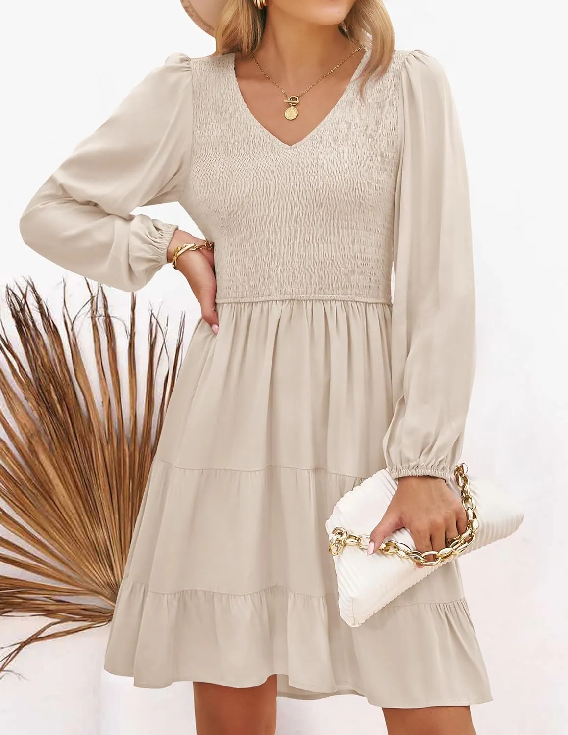 ZESICA Women's Casual V Neck Long Sleeve Smocked High Waist Ruffle A Line Tiered Mini Dress