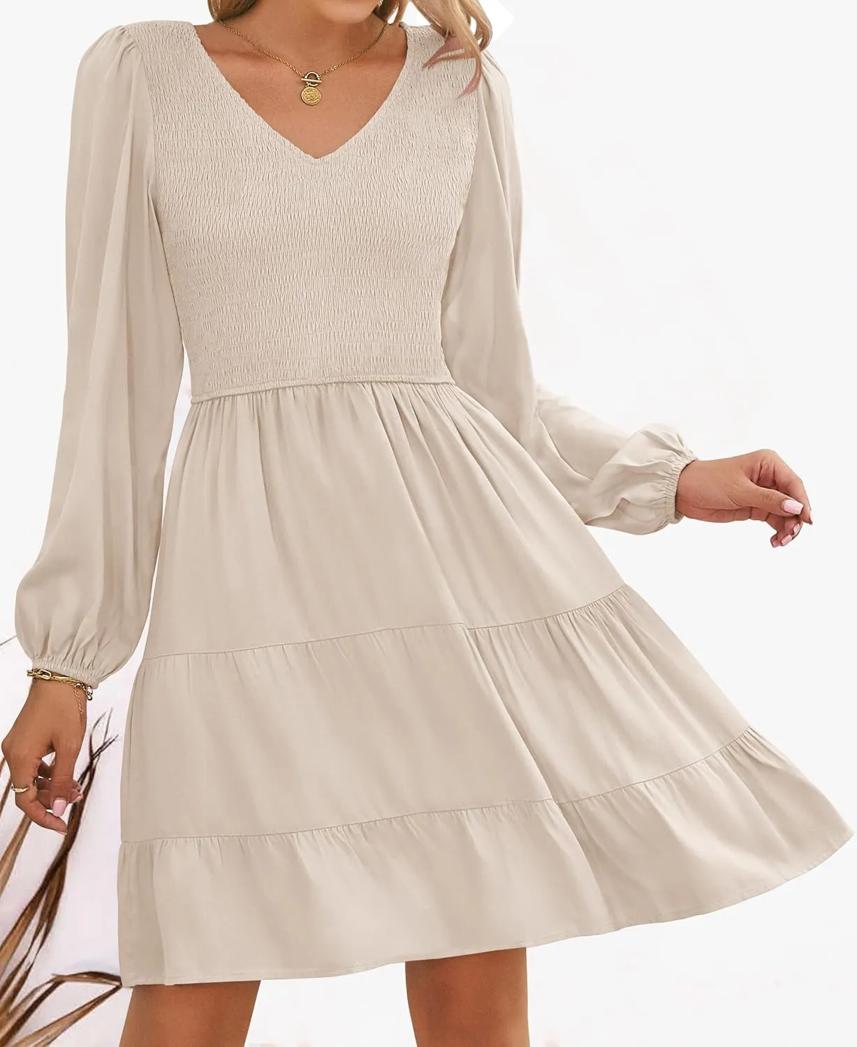 ZESICA Women's Casual V Neck Long Sleeve Smocked High Waist Ruffle A Line Tiered Mini Dress