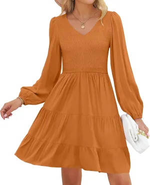 ZESICA Women's Casual V Neck Long Sleeve Smocked High Waist Ruffle A Line Tiered Mini Dress
