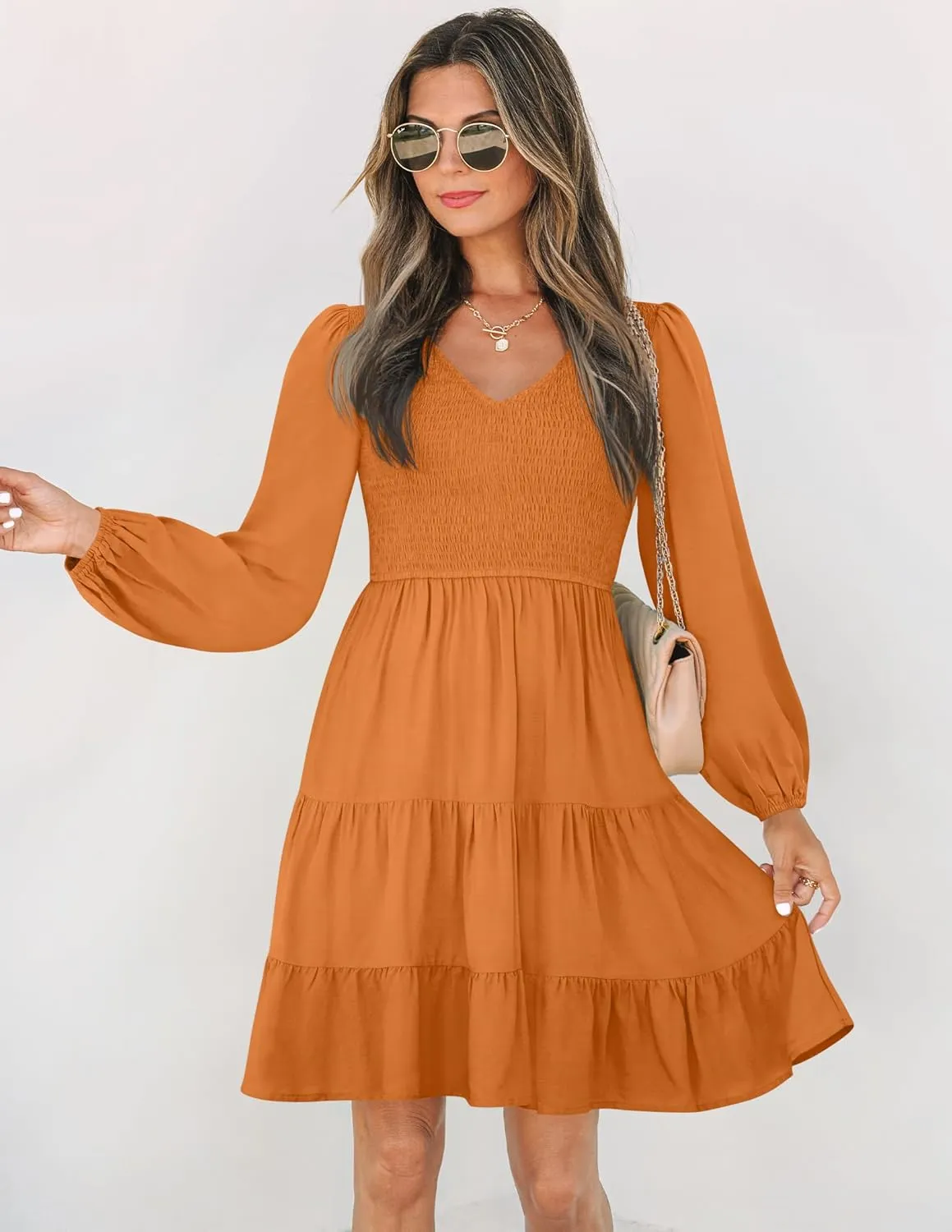 ZESICA Women's Casual V Neck Long Sleeve Smocked High Waist Ruffle A Line Tiered Mini Dress