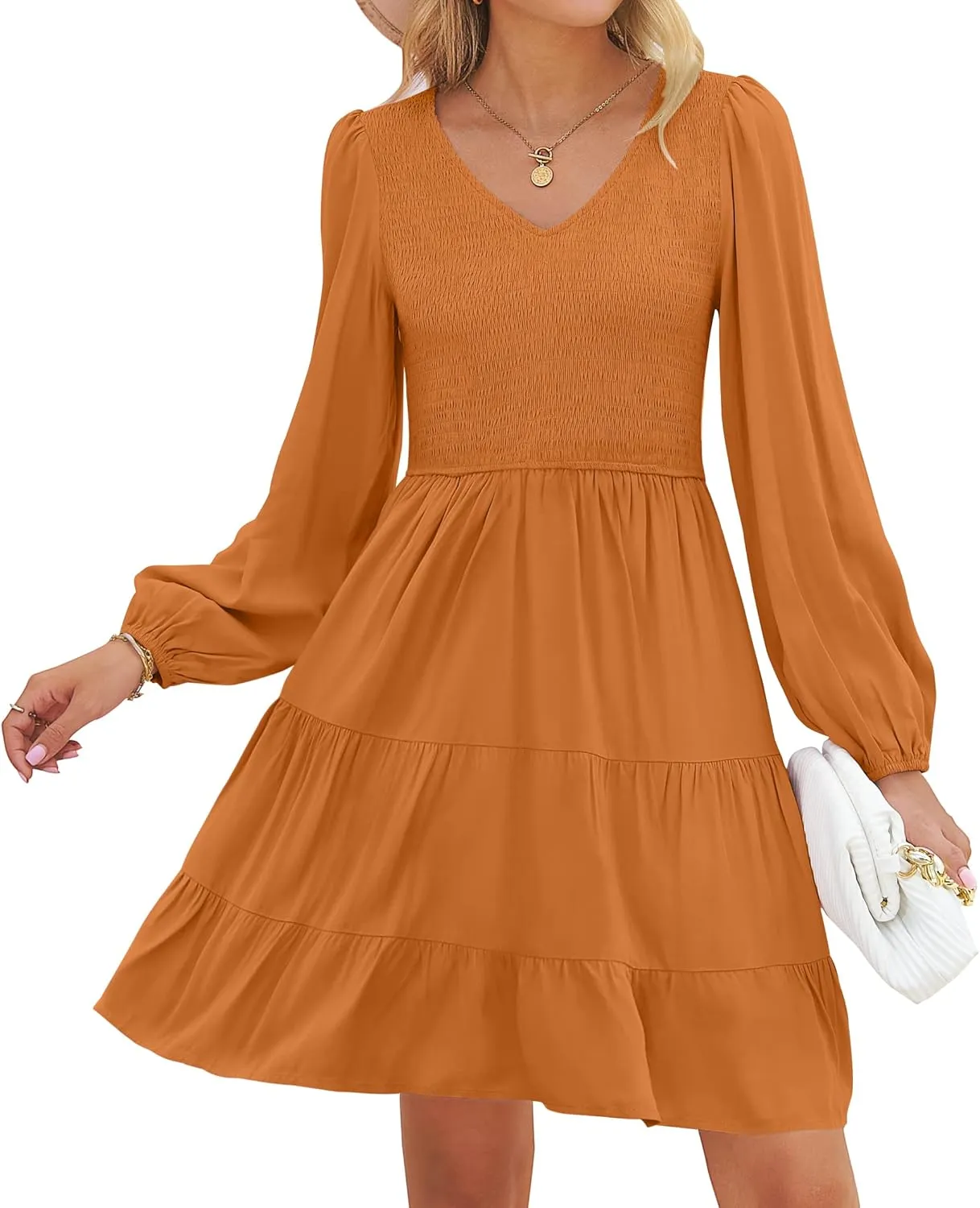 ZESICA Women's Casual V Neck Long Sleeve Smocked High Waist Ruffle A Line Tiered Mini Dress