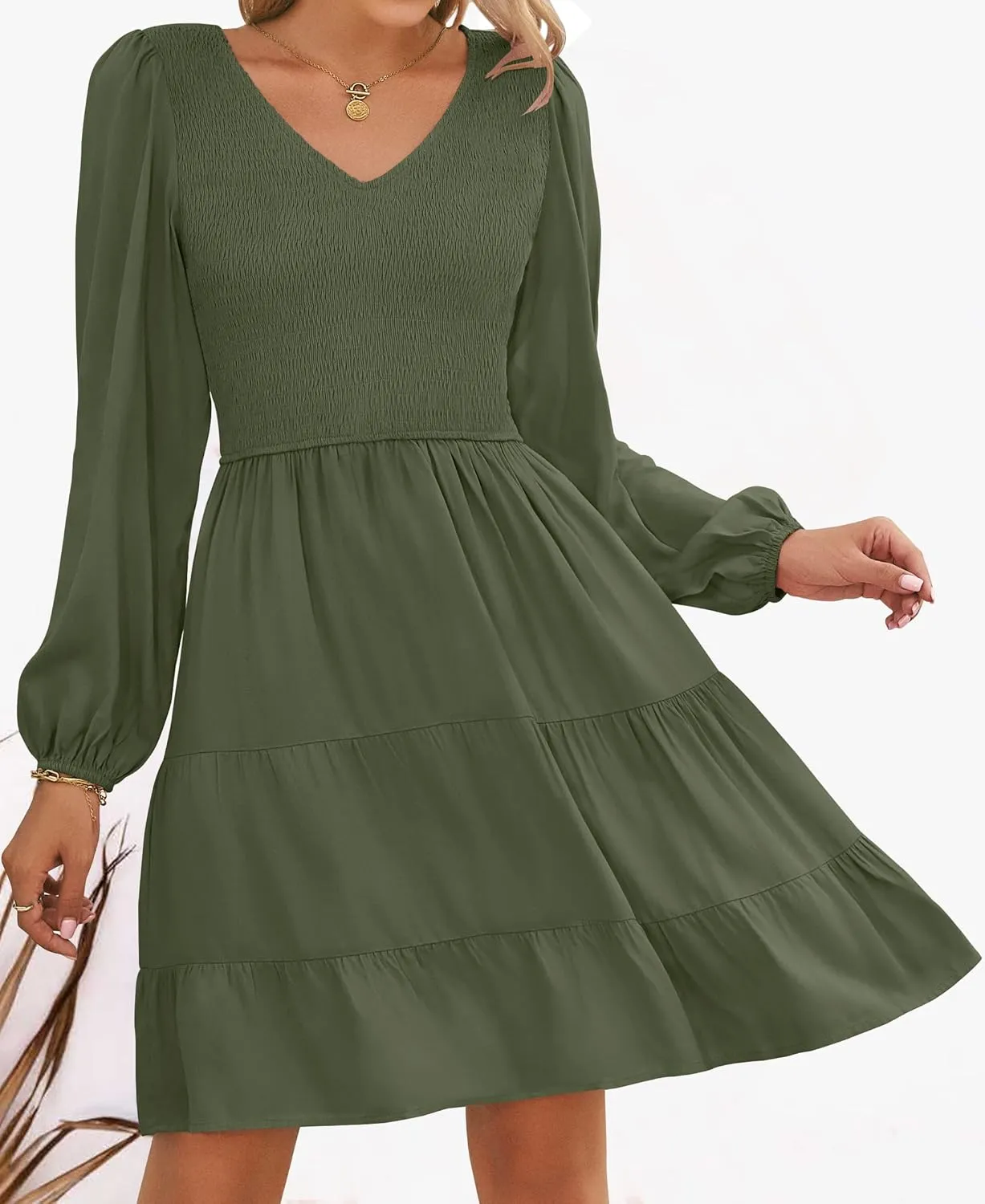 ZESICA Women's Casual V Neck Long Sleeve Smocked High Waist Ruffle A Line Tiered Mini Dress