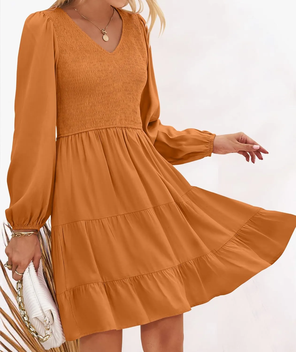 ZESICA Women's Casual V Neck Long Sleeve Smocked High Waist Ruffle A Line Tiered Mini Dress