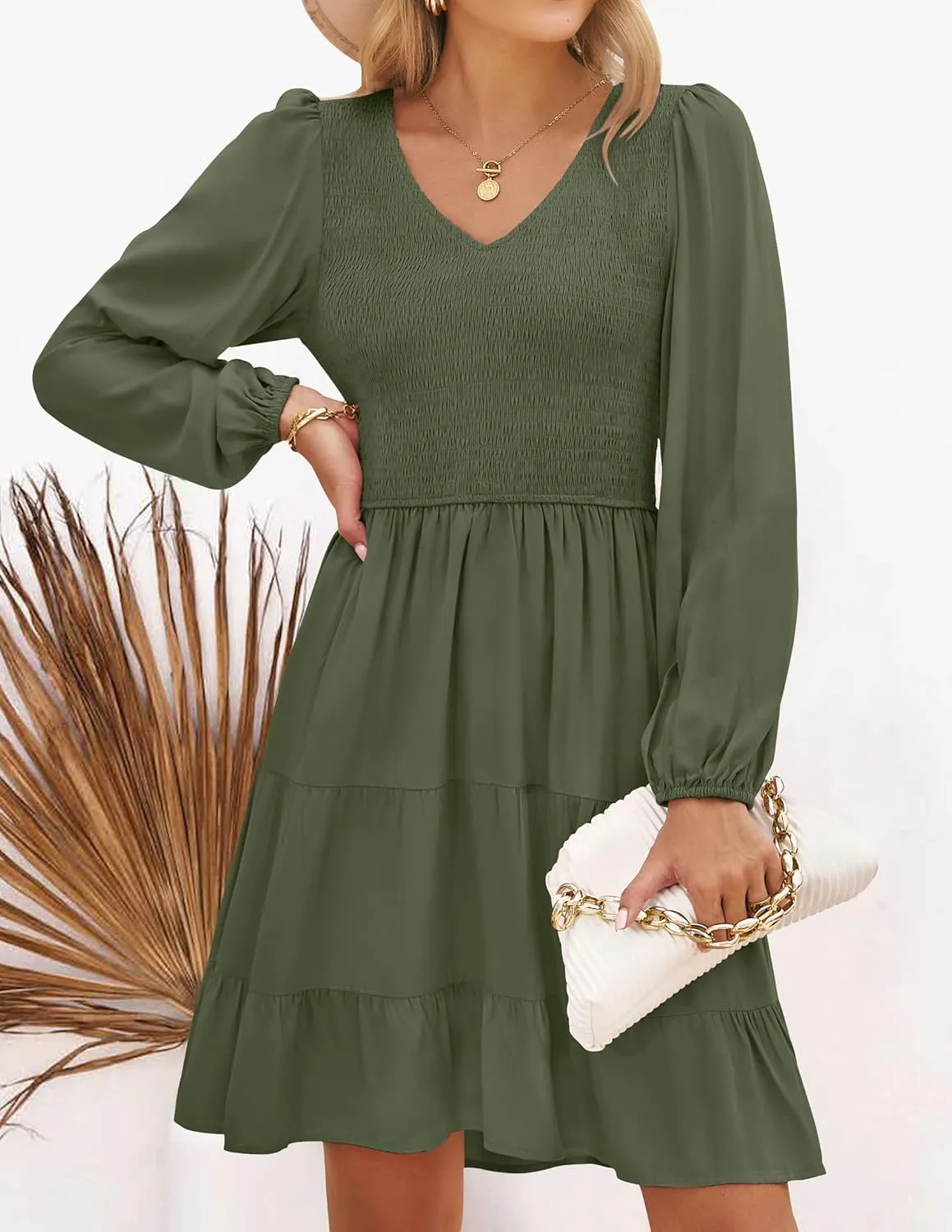 ZESICA Women's Casual V Neck Long Sleeve Smocked High Waist Ruffle A Line Tiered Mini Dress