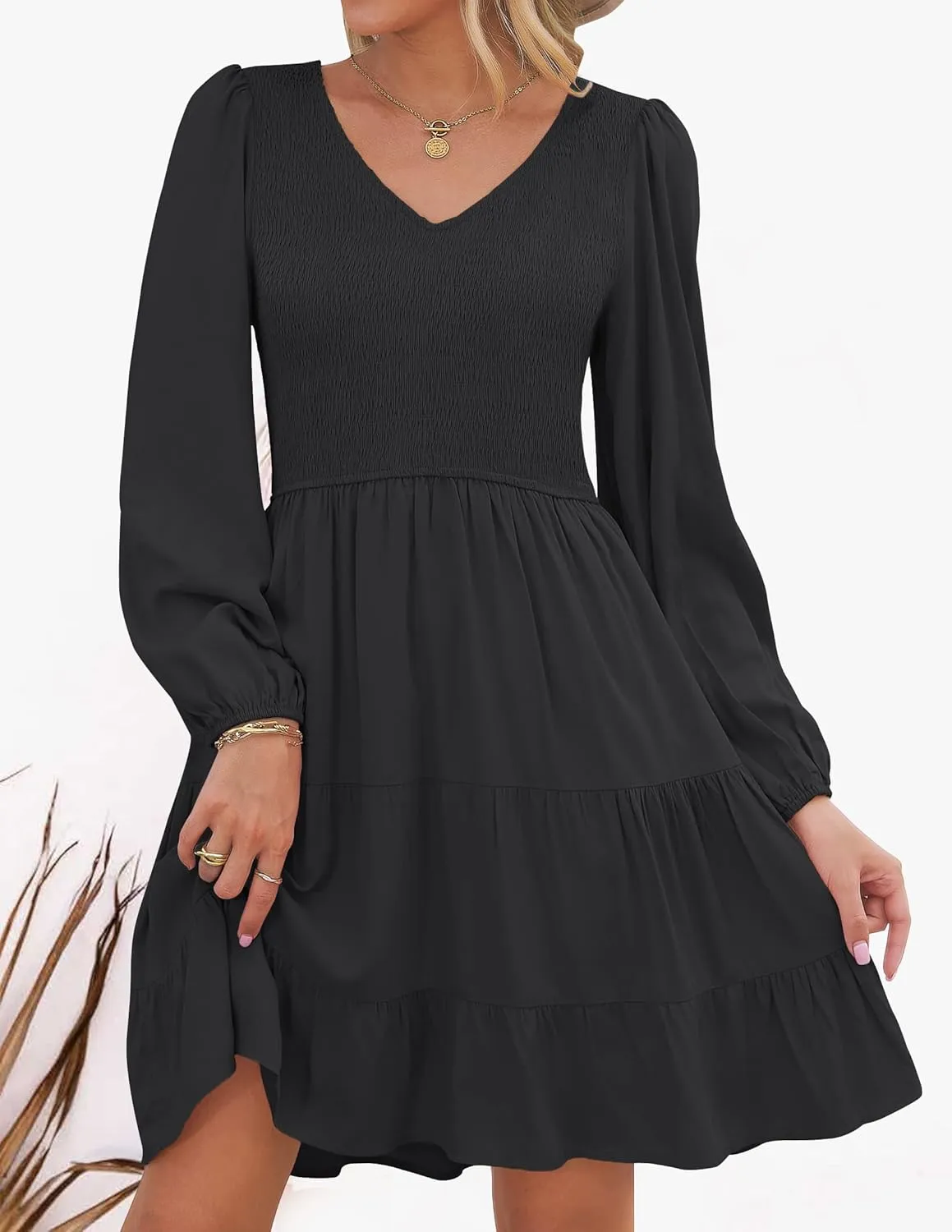 ZESICA Women's Casual V Neck Long Sleeve Smocked High Waist Ruffle A Line Tiered Mini Dress
