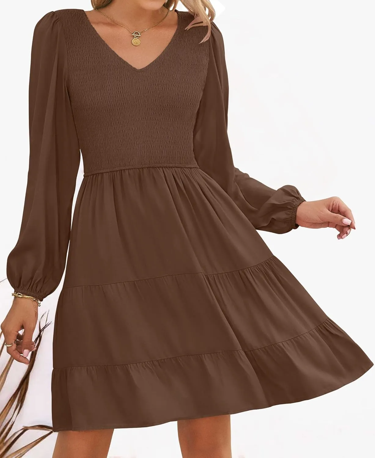 ZESICA Women's Casual V Neck Long Sleeve Smocked High Waist Ruffle A Line Tiered Mini Dress